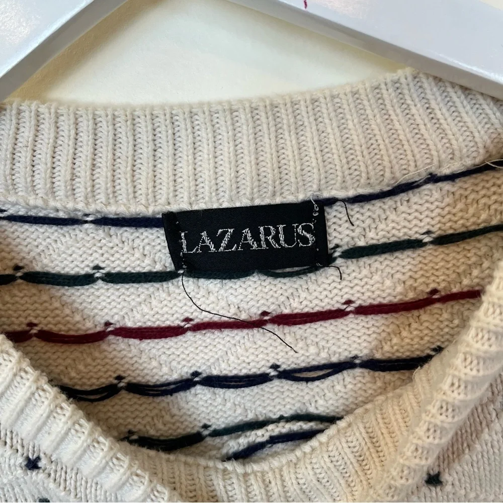 Vintage Lazarus Chunky Pullover Sweater Cream Mens Xl Polka Dot Grandpa Cotton